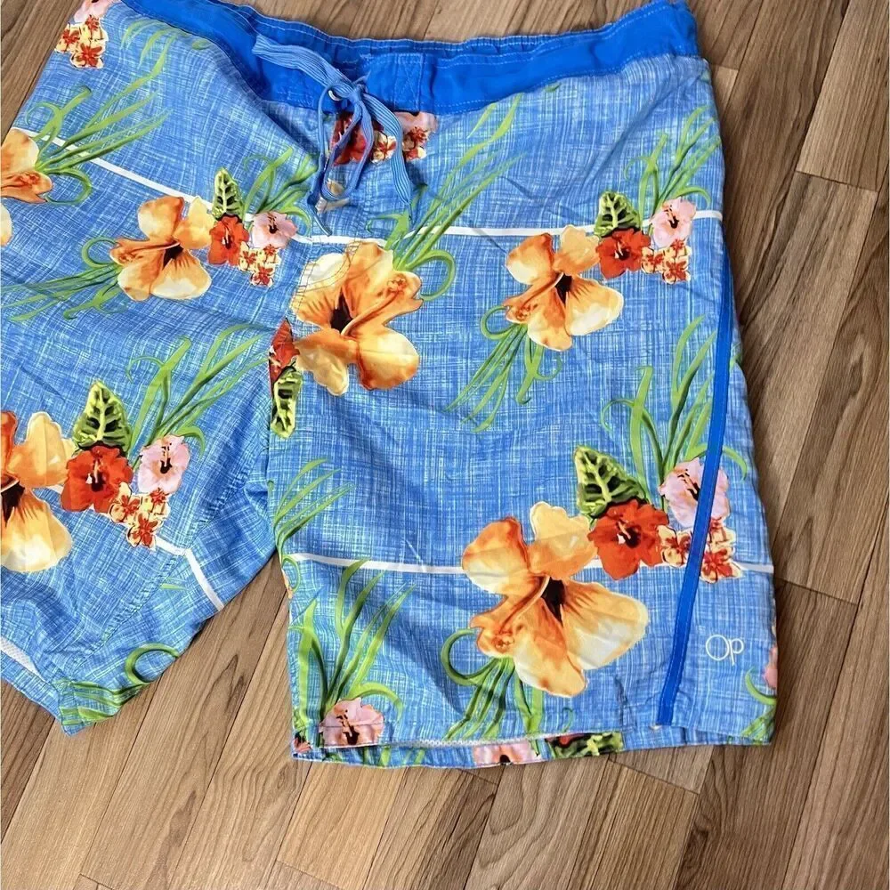OP Sz 2XL Swim Trunks Board Shorts Mens Drawstring Blue Hawaiian Floral 0841